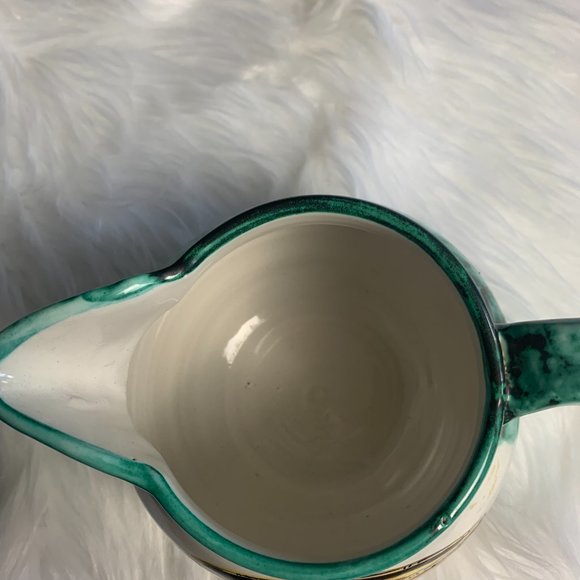 Hand Crafted Pottery Pitcher Green Yellow Floral Design and Structured Building - Picture 6 of 7